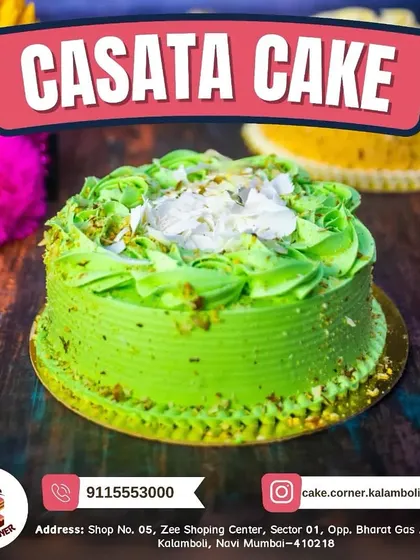 A vibrant green Casata cake. This flavour is a colourful and fruity choice, perfect for those who love traditional Indian ice cream flavours in a cake.