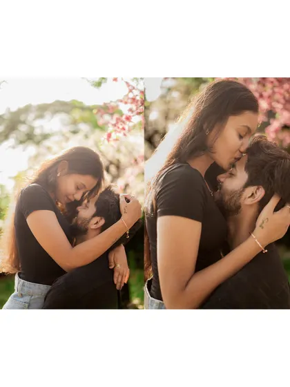 Two intimate pre-wedding portraits of a couple sharing a tender kiss on the forehead and a close embrace, set against a soft, natural background.