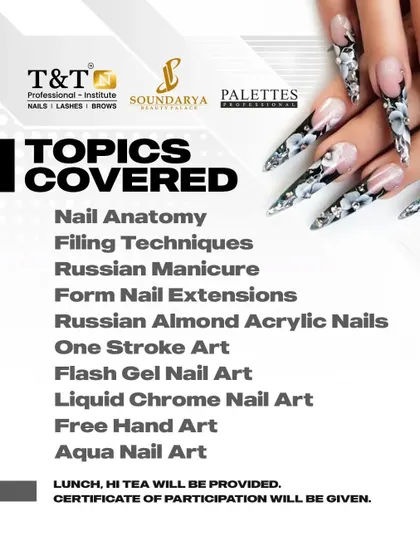 A list of the advanced topics covered in our Hyderabad workshop. We go deep into techniques like Russian Almond nails, One Stroke Art, and Aqua Nail Art.