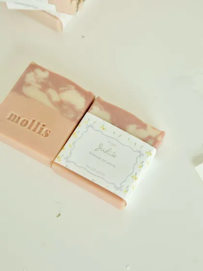 These sweet, pastel-colored cold process soap bars were sent all the way to Amsterdam for a baby shower. The custom tags were designed to match the client's theme.
