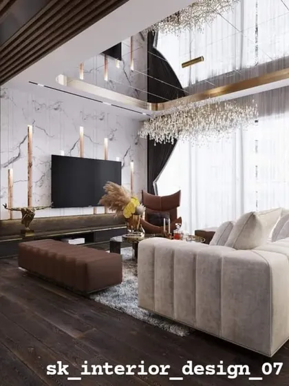 Another view of the opulent living space, showing the comfortable sectional sofa and the interplay of light from the large windows and the mirrored ceiling.