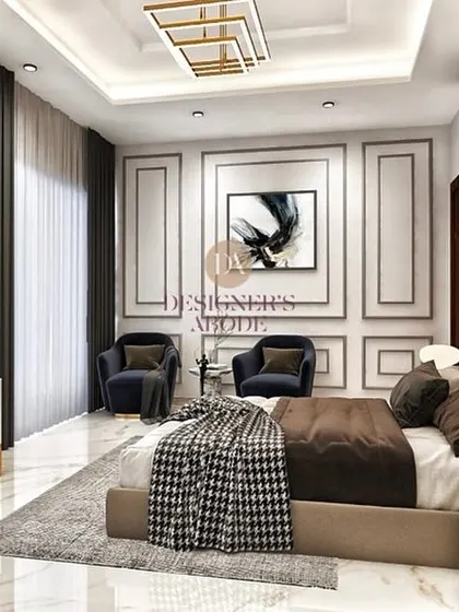 Your master bedroom should be a personal sanctuary. We designed this space using 3D visualization to perfect every detail, from the monochrome color scheme and feature walls to the bespoke accent chairs, ensuring a perfect blend of modern luxury and tranquility.