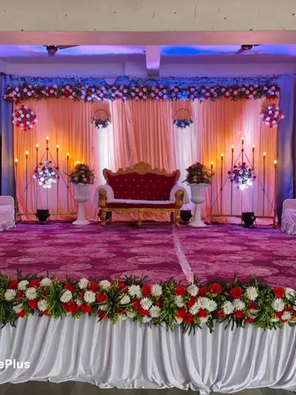 A similar stage setup with a purple carpet and different lighting. I can customize the colors of the drapes, carpets, and lighting to match your event's theme perfectly.