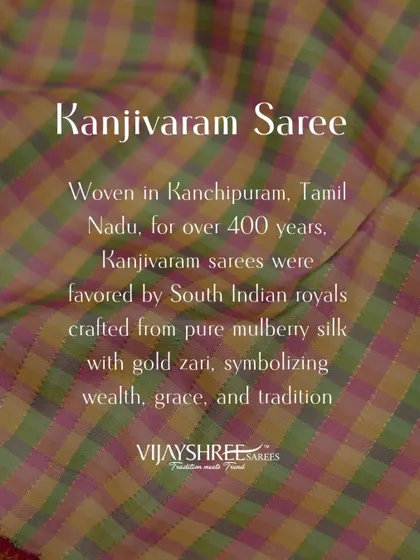 An informational graphic explaining the 400-year-old history of Kanjivaram sarees, favored by South Indian royalty.