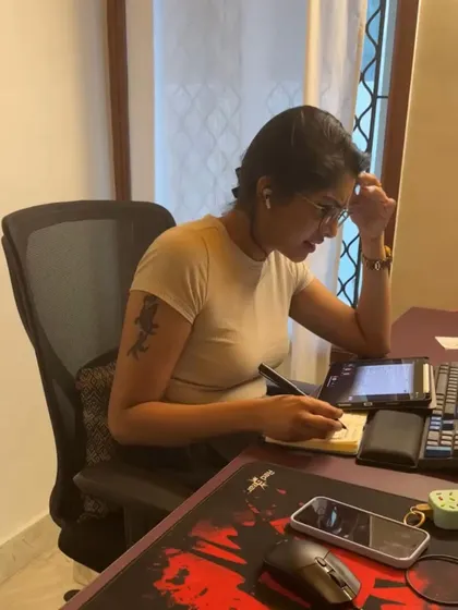 Anjali in her element, focused on her design work. It's this dedication from our team members that allows us to create such detailed and thoughtful spaces for our clients.