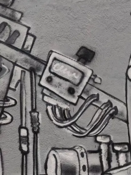 Another close-up, this time focusing on the wires, dials, and machine parts. I enjoy creating these detailed mechanical letters and structures, a style known as "mechanicalletters" in the graffiti world.