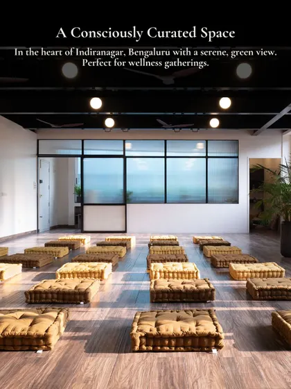 As a consciously curated space, Uruvana offers a serene, green view that feels like an escape from the city. This setup with floor cushions is ideal for meditation sessions, sharing circles, and other wellness gatherings where connection and grounding are key.