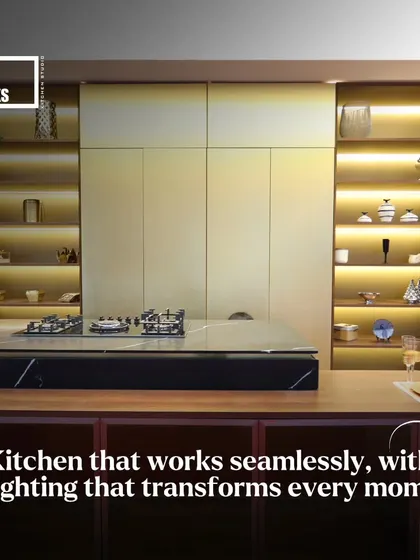 Lighting is crucial in kitchen design. This example shows how integrated LED lighting in open shelves and under cabinets can transform a kitchen, making it functional while also creating a warm and inviting atmosphere.