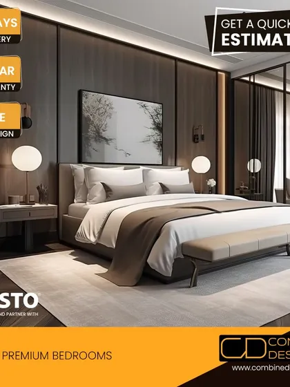 A sophisticated premium bedroom with dark wood paneling, a comfortable upholstered bed, and soft, ambient lighting from modern globe lamps.