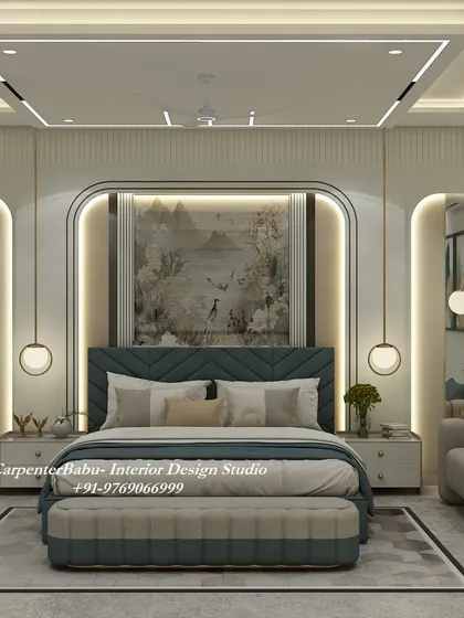 A repeat of the grand master bedroom (ID 77), showcasing the luxurious blue headboard, statement art, and elegant lighting.