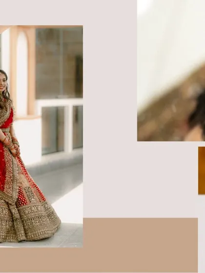 A collage showing the bride in her beautiful red lehenga. The different crops and angles highlight both the full outfit and her happy, relaxed moments.