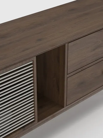 A close-up of the TV unit's details, including the fine-grained wood direitos and minimalist hardware.