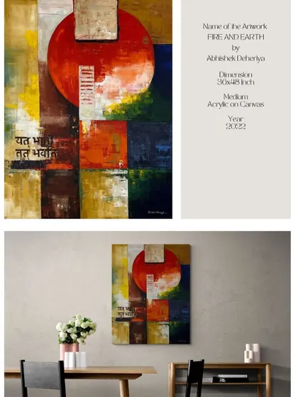'Fire and Earth', a 4x5 feet work created with Vastu principles in mind. This piece balances the elements to bring harmony and positive energy to a space.