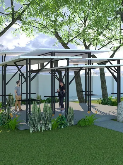 A different perspective of the tiered-roof pavilion concept. The design provides shelter while remaining open to the elements, encouraging employees to connect with nature during their breaks.