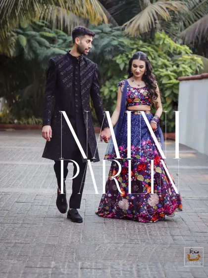 A stylish portrait of the couple in their Sangeet outfits in Goa.