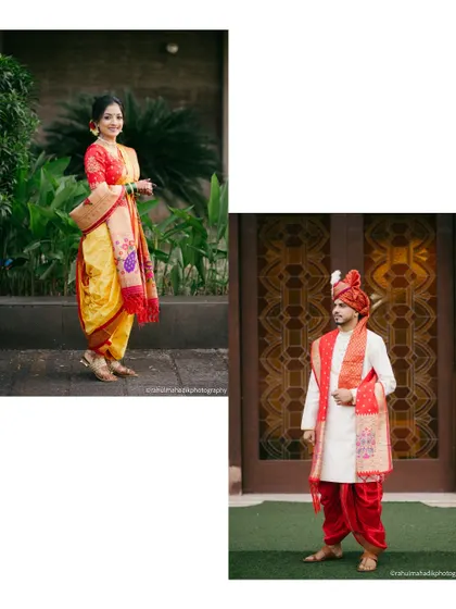 Individual portraits of the bride and groom in their traditional red and yellow wedding attire.