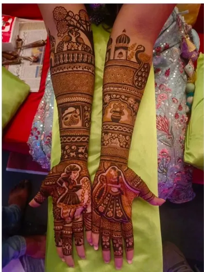 A unique design featuring dancing figures on the palms, with a tree of life and palace architecture on the arms.
