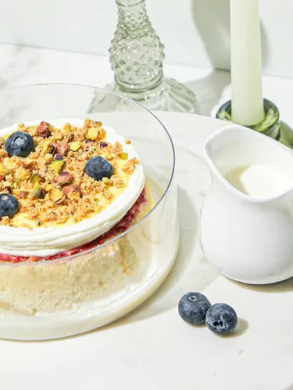 Our new Lemon Berry Tres Leches, a light and airy cake soaked in three milks and topped with lemon cream and fresh blueberries.