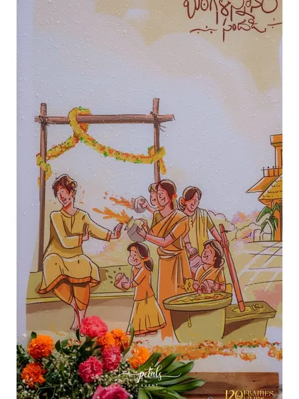 A whimsical cartoon welcome board for a Haldi ceremony, adorned with vibrant florals. This playful detail adds a touch of fun and personality to the event.