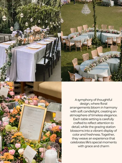 A collage showcasing different styles of outdoor seating. It includes a long, rectangular table with a floral runner and a series of round tables with low centerpieces, demonstrating versatility in layout and design.