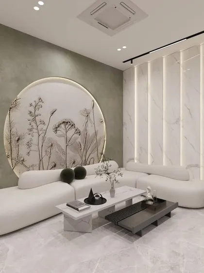 Another view of the dental clinic waiting area, highlighting the interplay of light and texture. The vertical backlit panels on the marble wall add depth and sophistication, while the minimalist furniture and clean lines maintain a modern and uncluttered feel.