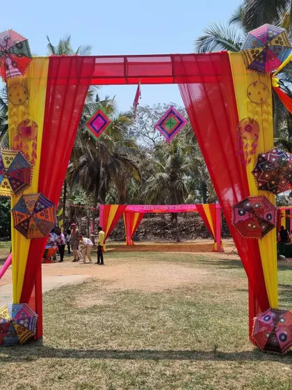 The entrance to the GIVA Holi event, capturing the bright, festive colors that set the tone for the day.