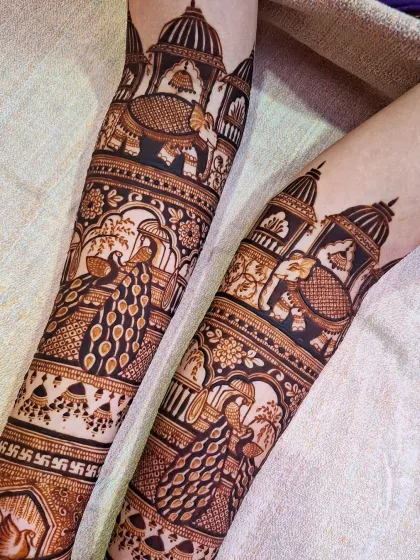 A close-up of a design without human figures, focusing on the beauty of dancing peacocks and royal elephants.