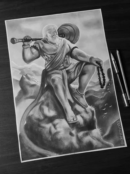 A powerful charcoal drawing of Lord Hanuman seated on a rock, holding his mace. This piece captures his strength and devotion, making it a perfect artwork for any Hanuman bhakt.