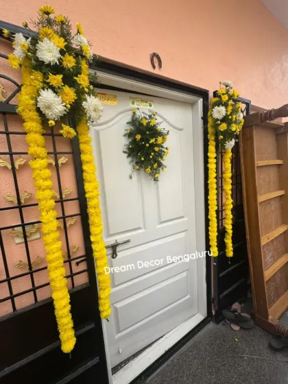 Another look at the Haldi entrance decor. This simple touch instantly signals a celebration and brightens up the home.
