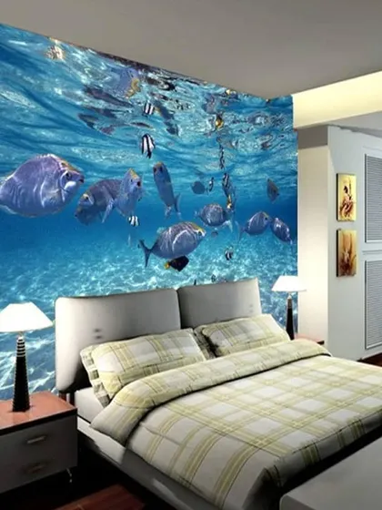 A 3D underwater scene used as a feature wall in a bedroom. The immersive design creates a unique and calming environment, perfect for drifting off to sleep.