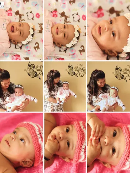 A throwback collage showing a mother and her baby girl in a lifestyle home setting, capturing the baby's many cute expressions.