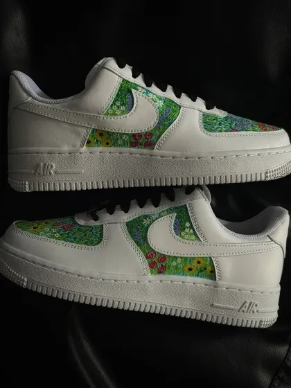 A top-down view of the colorful flower field custom sneakers.