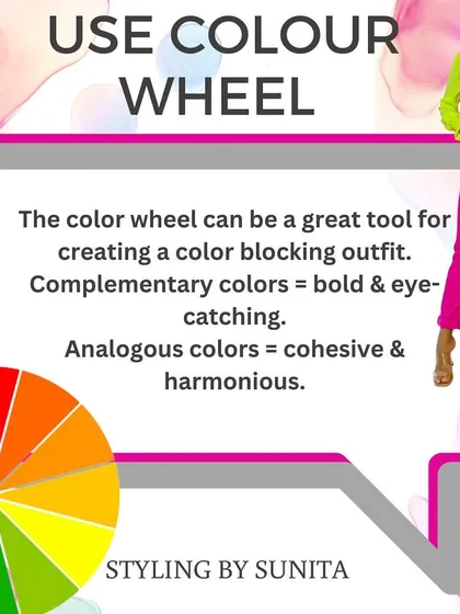 A tip on using the color wheel for color blocking. Complementary colors create a bold look, while analogous colors are more harmonious.