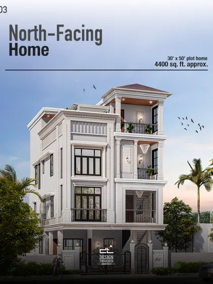 This 30x50 neo-classy home was crafted to inspire. The north-facing elevation features a terracotta roof, recessed balconies with ornate railings, and large windows, blending timeless elegance with modern functionality.