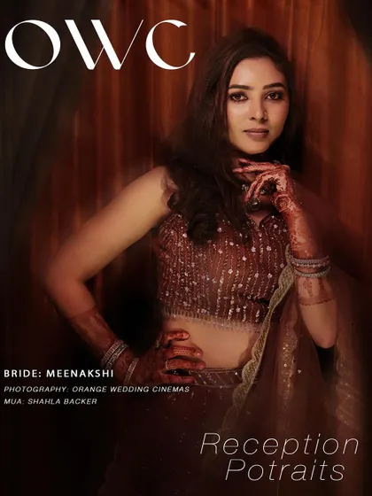 A magazine-style reception portrait of the bride, highlighting her stunning look and the artists who helped create it.