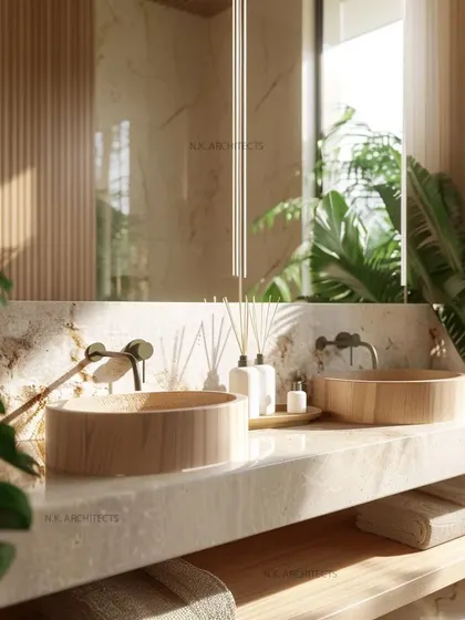This washroom design features beautiful wooden basin sinks, bringing a natural and warm element to the space. The large mirror and surrounding plants create a fresh, organic feel.