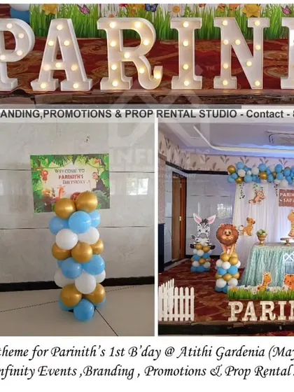 This simple jungle theme for a first birthday at Atithi Gardenia features a clean backdrop with a blue, white, and gold balloon garland. Cute animal balloon sculptures and a "ONE" prop add a playful touch to the elegant setup.