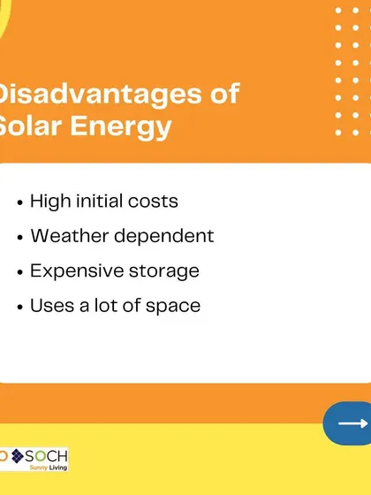 To provide a balanced view, this graphic outlines potential disadvantages of solar energy, such as initial costs and weather dependency. We address these concerns with financing options and hybrid battery systems.