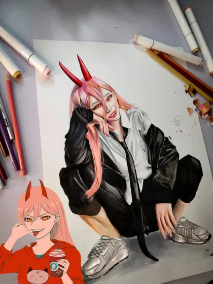 A colored pencil and marker drawing of Power from the anime 'Chainsaw Man'. I focused on capturing her playful yet chaotic personality, using vibrant pinks and reds for her hair and horns.