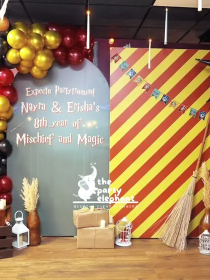 A full view of the Platform 9¾ photo booth, complete with a caged owl prop, stacked crates, and balloon columns in house colors, creating the perfect spot for wizarding photos.