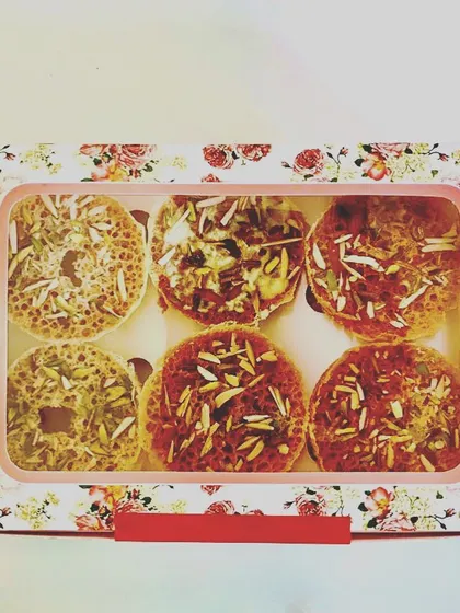 My Chef Special Ghewar is also available in these beautiful gift boxes. This box contains six mini ghewars with different toppings, making it a wonderful and delicious gift to share with family and friends during festive seasons.