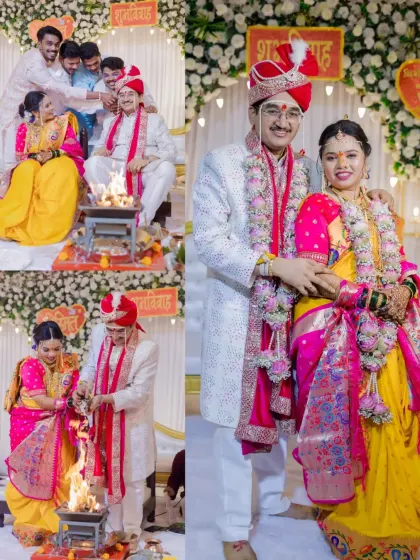 A collage showcasing various moments from a Maharashtrian wedding, from the sacred fire rituals to a classic couple portrait.