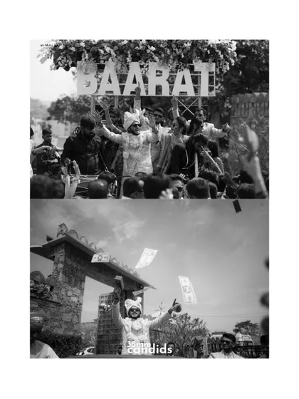 A black and white collage from a baraat, capturing the groom's epic entry and the celebratory mood with friends showering him with money and cheers.