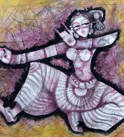 Artist Selvaraj A. found his way to painting through a love for classical Indian dance. You can feel that influence in the dynamic posture and fluid lines of the figure in this work.