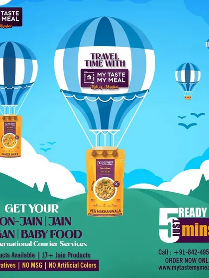 My meals can travel with you in any way you choose, even a hot air balloon. I offer Jain, vegan, and even baby food options that can be couriered internationally.