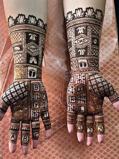 A playful and creative baby shower design. This mehndi features "Mom" and "Dad" blocks, tiny footprints, and baby clothes, with "Boy?" and "Girl?" creating a fun element of anticipation.