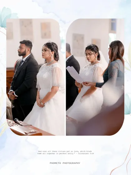 A collage showing solemn moments from the church ceremony, capturing the importance of faith in their union.