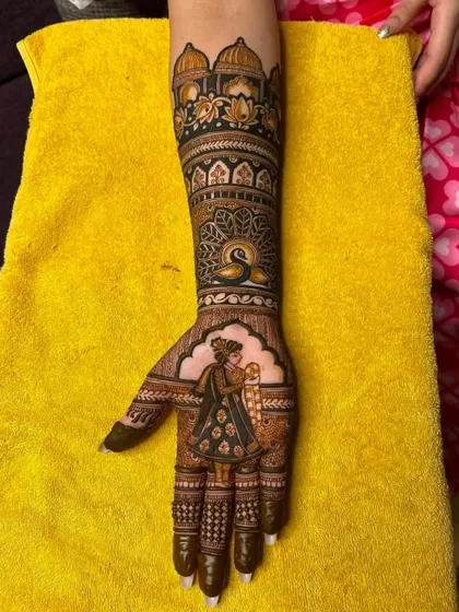 A groom portrait on the palm, complemented by a swan motif and palace architecture on the arm. I can create matching designs for the bride and groom.
