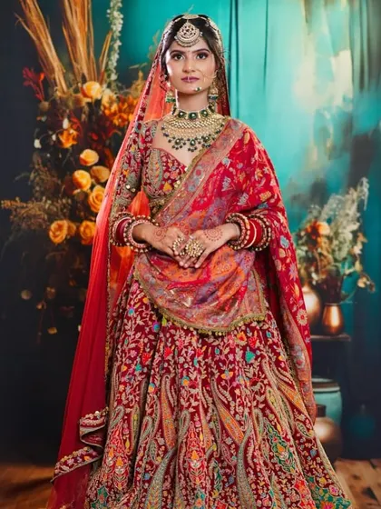 A full shot of the magnificent bridal lehenga and the student's makeup artistry. This is the kind of portfolio piece that helps our graduates secure top jobs.