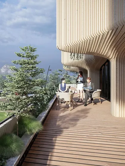 A rendering of the Bellevue Club balcony overlooking the Nandi Hills. The facade's curved, fluted texture is inspired by the surrounding rocky landscape, grounding the building in its context.